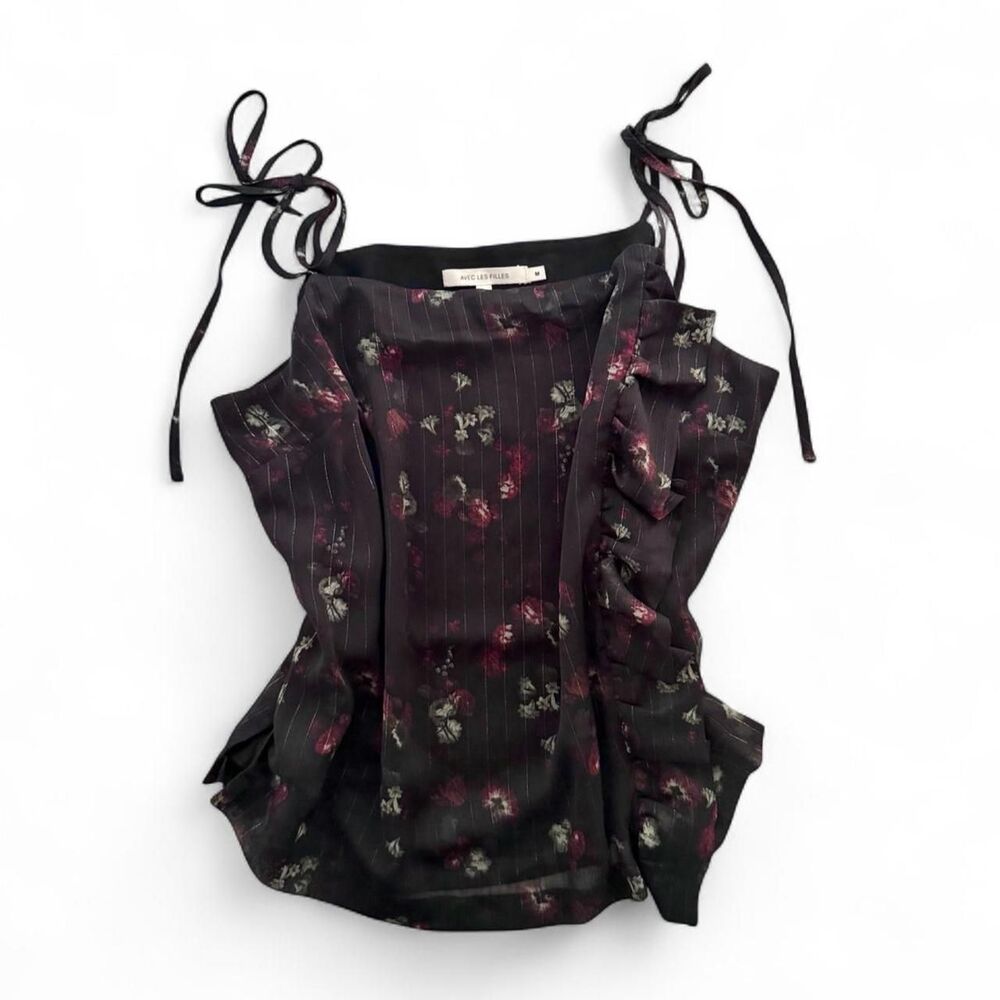 Avec Les Filles Black Whimsy Floral Mesh Cami Top Size M